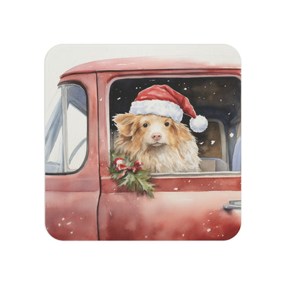 Adorable Christmas Coaster with a Festive Dog in a Santa Hat Looking Out from a Vintage Red Truck – Perfect Sublimation Design for Rustic and Farmhouse Holiday Décor.