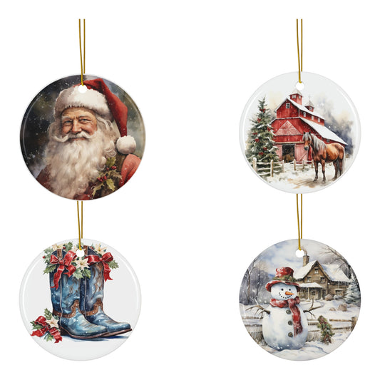 Rustic Country Christmas Sublimation Ornament 4-Pack – Santa, Barn, Snowman & Cowboy Boots, Double-Sided MDF