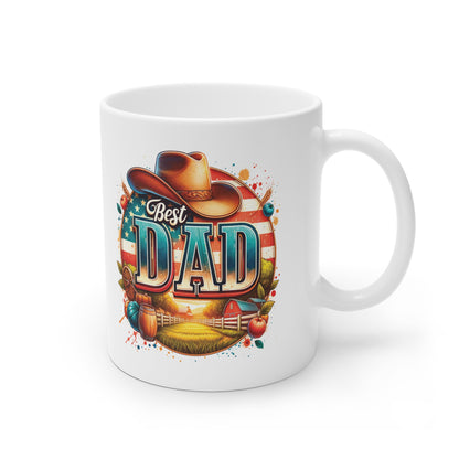 Country-Themed 'Best Dad' Mug – Sublimation Design Featuring a Cowboy Hat, Rustic Farm Scene, and Vibrant American Flag Background, Perfect Gift for Father's Day or Any Occasion Celebrating Dads