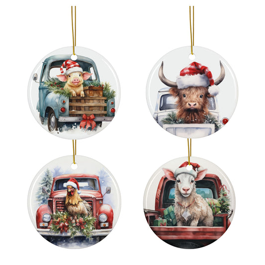 Farmhouse Christmas Sublimation Ornament 4-Pack – Festive Country Animal Designs, Double-Sided, Durable MDF