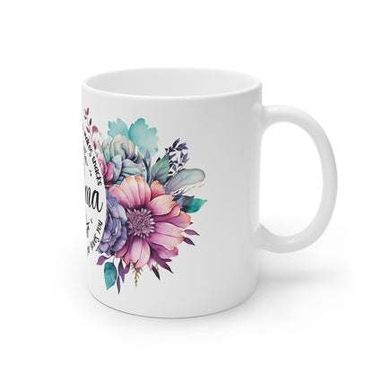 Floral 'Grandma' Mug – Sublimation Design Featuring Beautiful Blossoms and Heartwarming Words Like 'Keeps Faith,' 'Shares Wisdom,' and 'Gives Joy,' Perfect for Celebrating Grandmothers with Love and Elegance.
