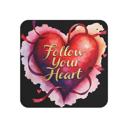 Inspirational Coaster Featuring the Quote 'Follow Your Heart' – Striking Sublimation Design with a Vibrant Red Heart and Artistic Ribbon Accents, Perfect for Adding Positivity and Elegance to Any Space."