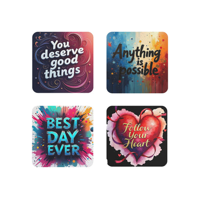 Set of 4 Inspirational Coasters with Motivational Quotes: 'You Deserve Good Things,' 'Anything is Possible,' 'Best Day Ever,' and 'Follow Your Heart' – Vibrant Sublimation Designs Perfect for Home or Office Décor.