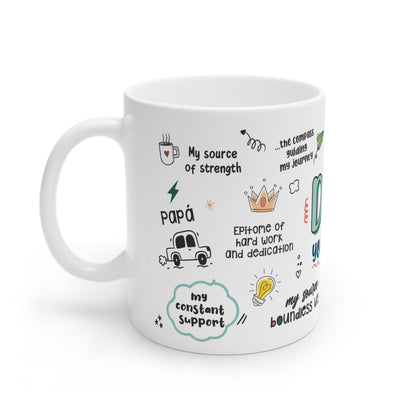 Thoughtful 'Dad/Papá' Mug – Sublimation Design Featuring Heartfelt Messages Like 'My Source of Strength' and 'Epitome of Hard Work and Dedication,' with Playful Illustrations, Perfect Gift for Fathers in Both English and Spanish.