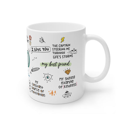 Thoughtful 'Dad/Papá' Mug – Sublimation Design Featuring Heartfelt Messages Like 'My Source of Strength' and 'Epitome of Hard Work and Dedication,' with Playful Illustrations, Perfect Gift for Fathers in Both English and Spanish.