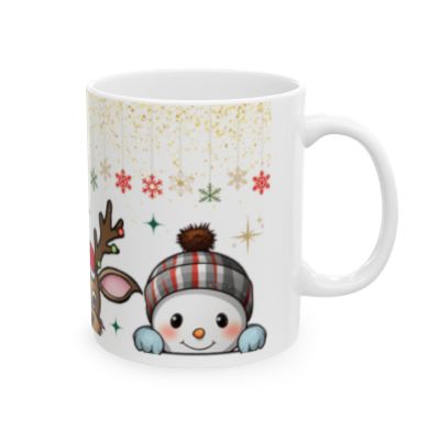 Playful 'Peeking Santa and Reindeer' Mug – Sublimation Holiday Design Featuring Festive Characters Peeking Amidst Sparkling Snowflakes and Christmas Lights, Perfect for Holiday Cheer