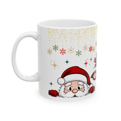 Playful 'Peeking Santa and Reindeer' Mug – Sublimation Holiday Design Featuring Festive Characters Peeking Amidst Sparkling Snowflakes and Christmas Lights, Perfect for Holiday Cheer