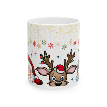 Playful 'Peeking Santa and Reindeer' Mug – Sublimation Holiday Design Featuring Festive Characters Peeking Amidst Sparkling Snowflakes and Christmas Lights, Perfect for Holiday Cheer