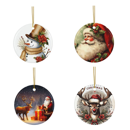 Christmas Ornament Set 'Snowman, Santa Claus, Reindeer & Gift Scene,'
