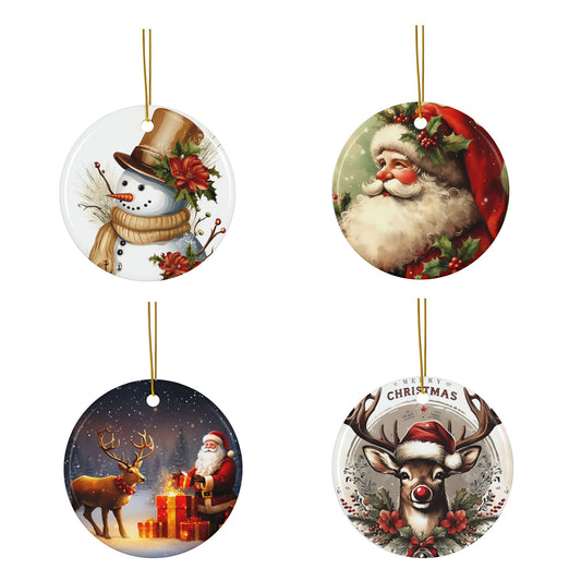 Classic Christmas Sublimation Ornament 4-Pack – Snowman, Santa Claus, Reindeer & Gift Scene, Double-Sided MDF