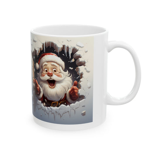 Festive Santa-Themed Mug – Sublimation Design Featuring a Joyful 3D-Like Illustration of Santa Claus Peeking Through a Snowy Wall, Perfect for Holiday Drinks and Christmas Celebrations.