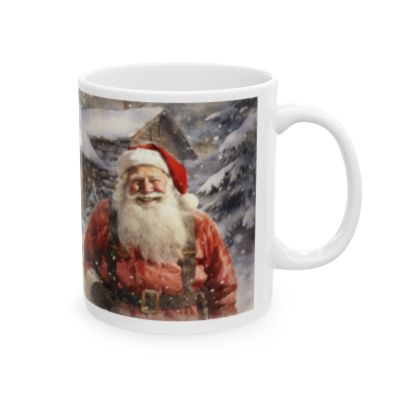 Vintage Santa Claus Mug – Sublimation Ceramic Design in 11oz and 15oz Sizes, Featuring a Classic Christmas Scene with Snowy Cabin and Cheerful Santa, Perfect for Holiday Gifting.