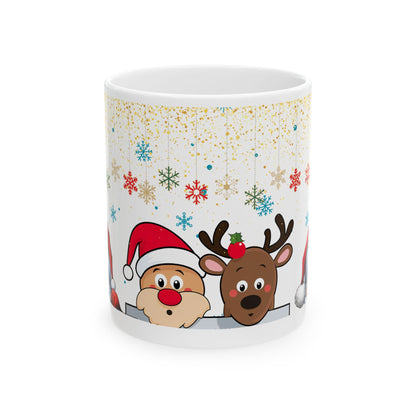 Festive 'Santa, Reindeer, and Bear' Mug – Sublimation Design with a Playful Holiday Scene Featuring Cheerful Characters and Glittering Snowflakes, Perfect for Christmas Celebrations.