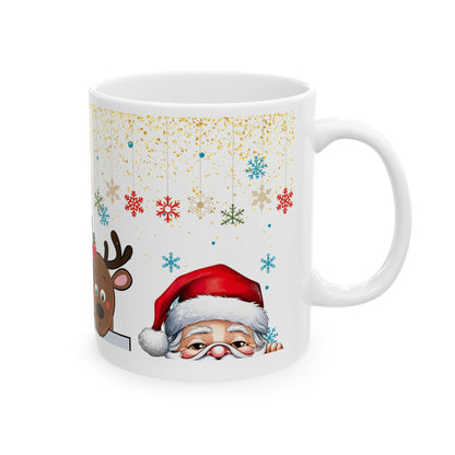 Festive 'Santa, Reindeer, and Bear' Mug – Sublimation Design with a Playful Holiday Scene Featuring Cheerful Characters and Glittering Snowflakes, Perfect for Christmas Celebrations.