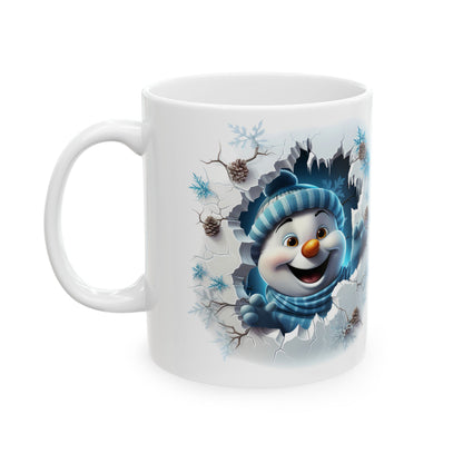 3D Snowman Mug – Sublimation Ceramic Design in 11oz and 15oz Sizes, Featuring a Playful Snowman Peeking Through a Frosty Scene, Perfect for Winter and Holiday Gifting