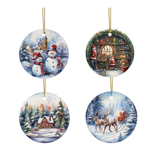 Charming Christmas Sublimation Ornament 4-Pack – Snowman, Santa’s Workshop, Cozy Cottage, and Reindeer Sleigh, Double-Sided MDF