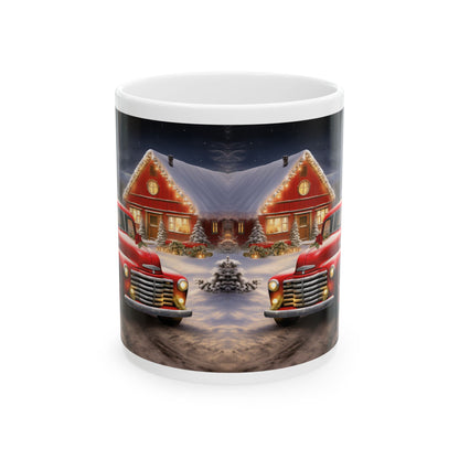 Festive Christmas Mug – Sublimation Design Featuring a Classic Red Truck in a Snowy Scene with a Decorated Christmas Tree and Cozy Cabin, Perfect for Holiday Drinks and Seasonal Cheer.