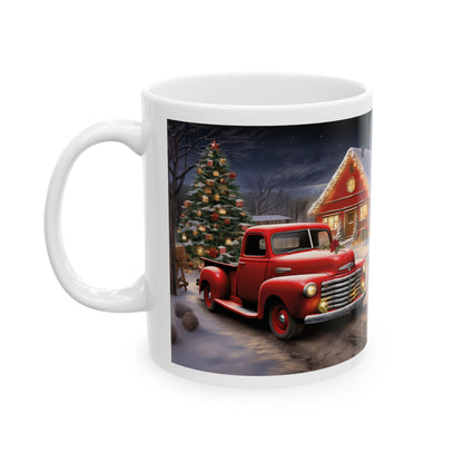 Festive Christmas Mug – Sublimation Design Featuring a Classic Red Truck in a Snowy Scene with a Decorated Christmas Tree and Cozy Cabin, Perfect for Holiday Drinks and Seasonal Cheer.