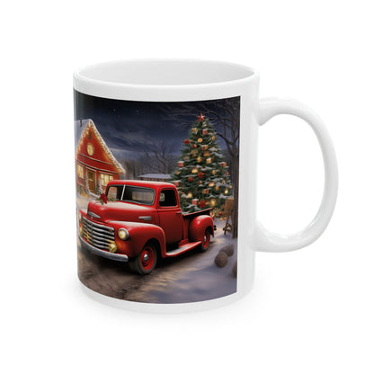 Festive Christmas Mug – Sublimation Design Featuring a Classic Red Truck in a Snowy Scene with a Decorated Christmas Tree and Cozy Cabin, Perfect for Holiday Drinks and Seasonal Cheer.